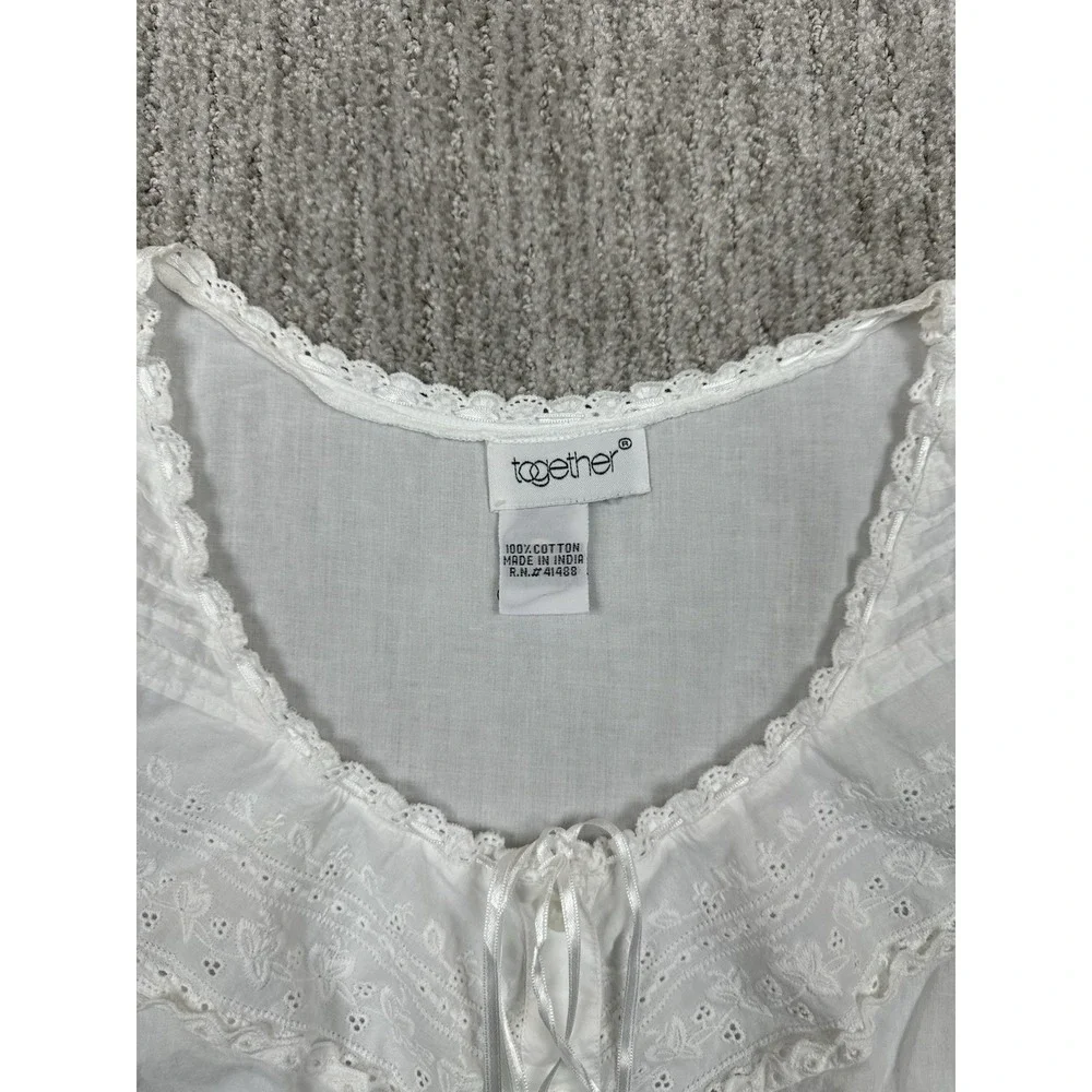 Together Vintage Embroidered Tank Top Large White Floral Boho 90s Dainty Faire